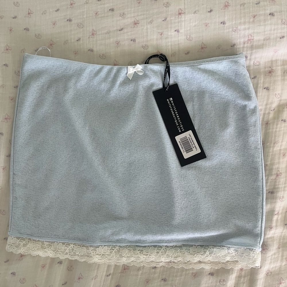white fox powder blue lost cause lace trim mini skirt